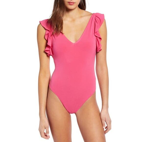 Leith Tops - Hot Pink Magenta Bodysuit Ruffle Flutter Sleeve Thong  Women's 1X 2X 4X